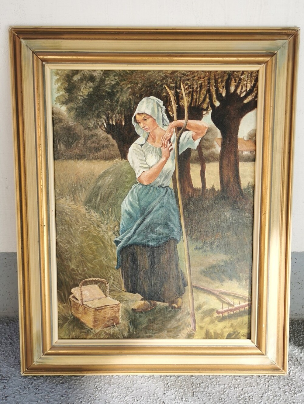 Vintage Hand-Painted European Harvest Scene Oil Painting